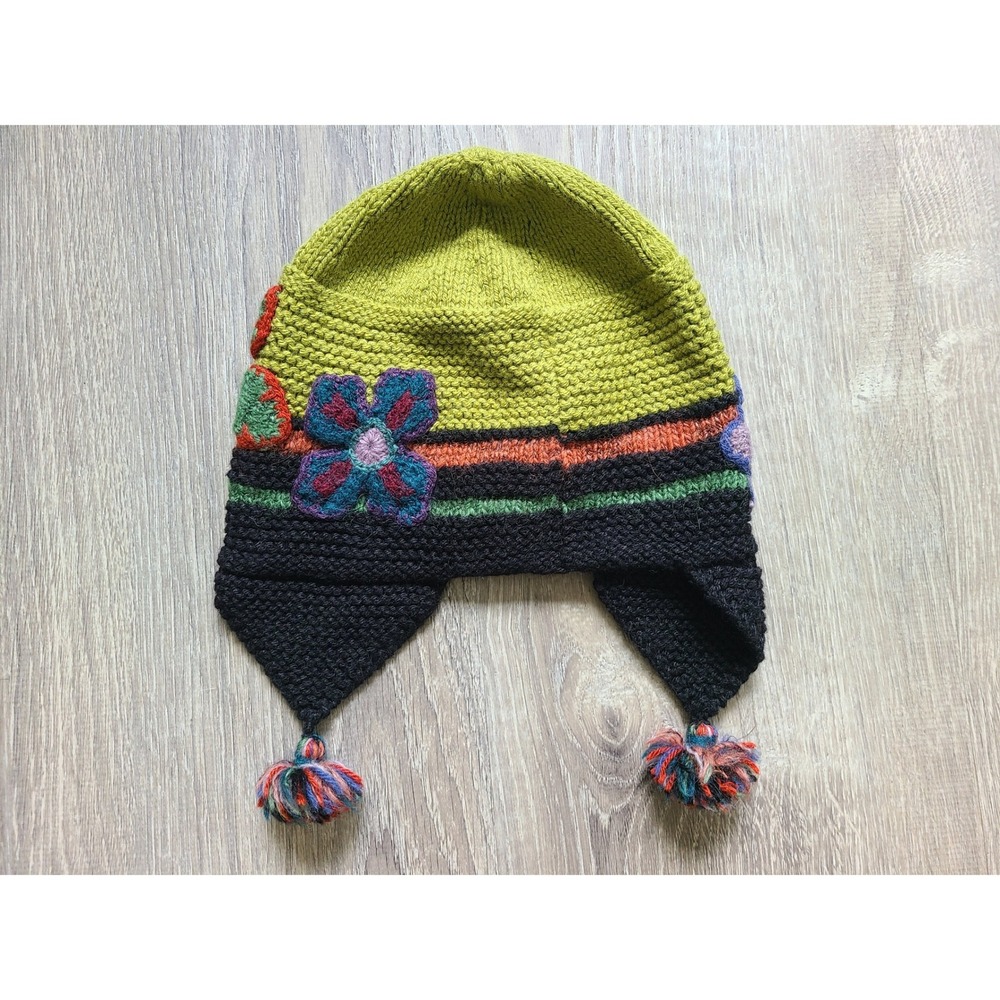 Little Journeys Beanie Hat Pom Poms Flowers Alpaca Wool Hippie Alt Boho Granola